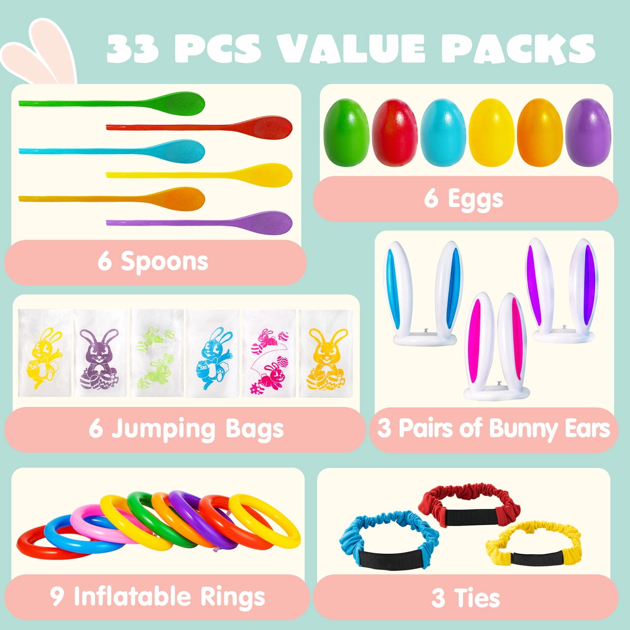 Joyfy 33Pcs Easter Potato Sack Race Bags,Spoon and Egg Race, 6 Players Legged Relay Race Bands Elastic Tie Rope for Easter Theme Party Favor, Outside Lawn,Eggs Hunt Game Activities