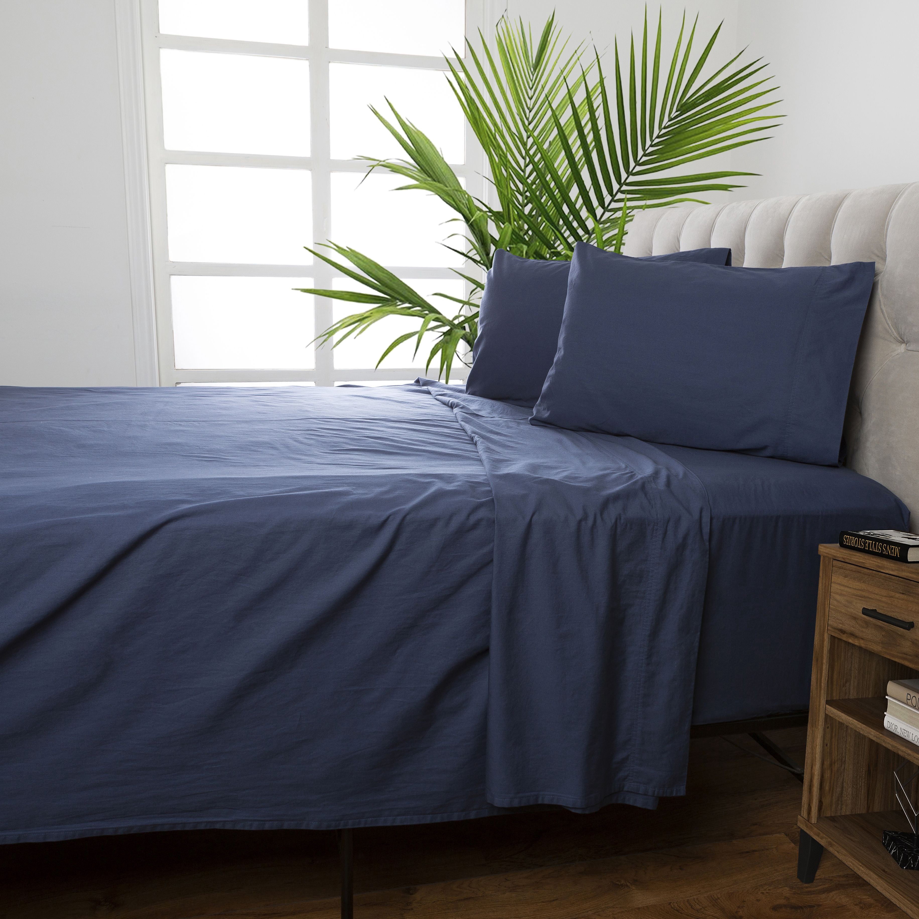 Better Homes & Gardens Washed Cotton Percale 300 Thread Count Sheet Set, Queen, Indigo