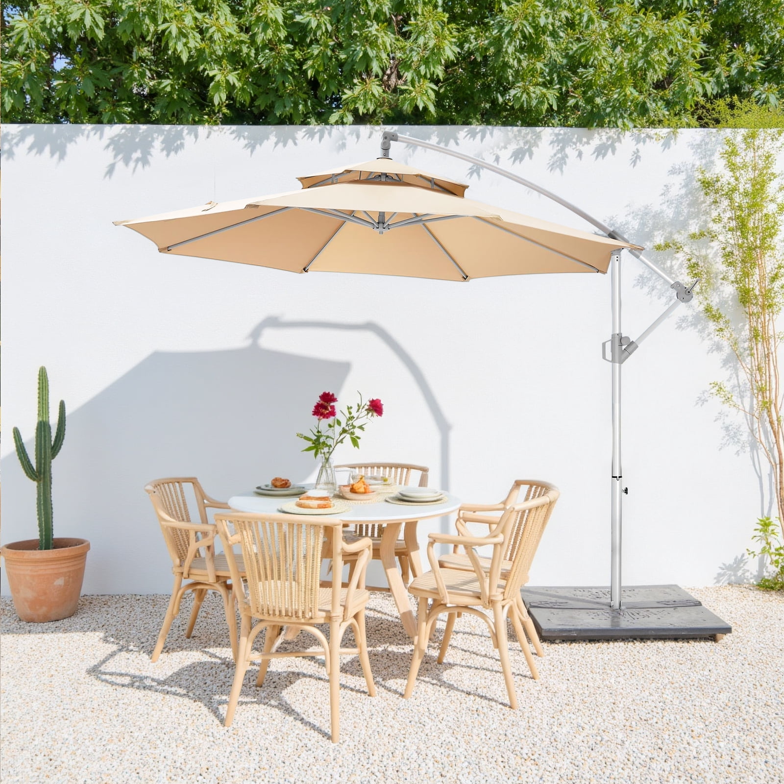 10' Outdoor Patio Umbrella, 2 Tiers Offset Hanging Umbrella, UPF50+ Large Umbrella for Patio, Yard, Pool Side, 8 Sturdy Ribs, Push Button Tilt and Crank, Beige