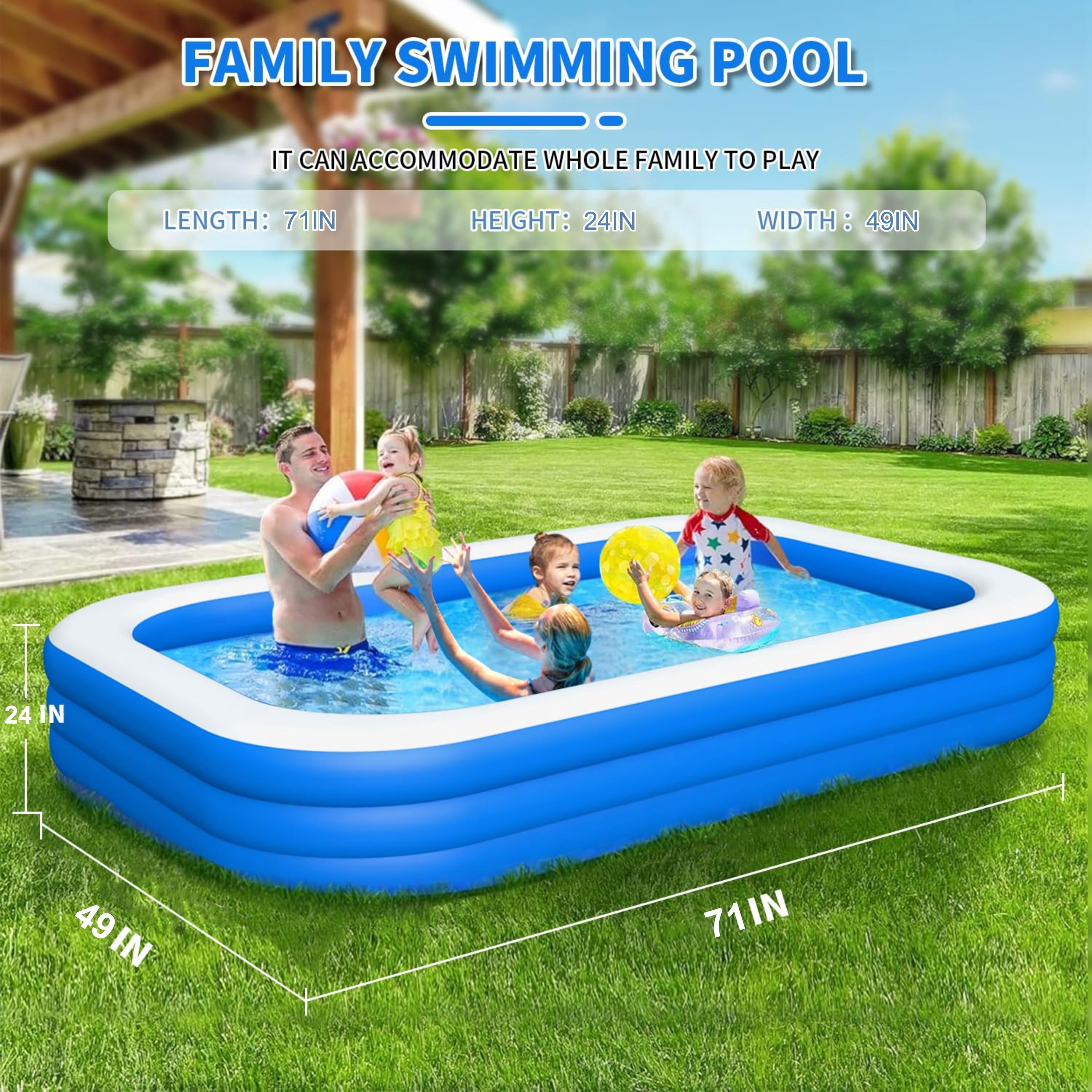 JXXRZ 71"x49"x24" Inflatable PVC Rectangle Swimming Pool for Adults/Kids, Indoor & Outdoor Foldable Pool with Sturdy Mesh & Quick Drain