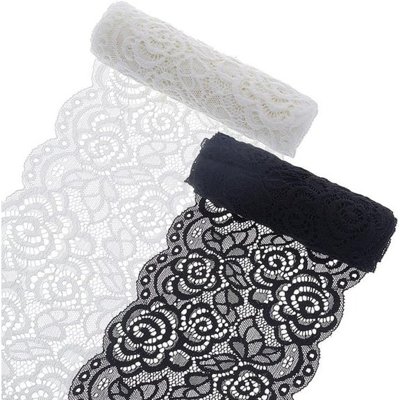 1Set 5.9 Inch Wide 4 Yards 2 Colors Stretch Flower Lace Trim Wavy Edge Elastic Nylon Lace Ribbon Web Craft Fabric Scallop Headband Embroidery Crochet Edging
