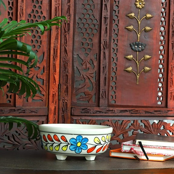 India Meets India Ceramic Bowl Leg Planter [White w/ Blue Flower], Decorative Planter for Home Décor/Living Room/Office/Table Top/Dining Area and Windowsill Décor, 7 x 3 inches