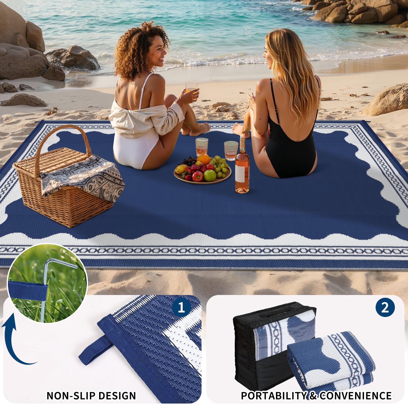 Garvee Outdoor Rug 10x14ft Modern Bordered Reversible Plastic Straw Rug, Waterproof RV Camping Rug Foldable Patio Rug for Deck Porch Balcony Backyard Picnic Beach, Dark Blue