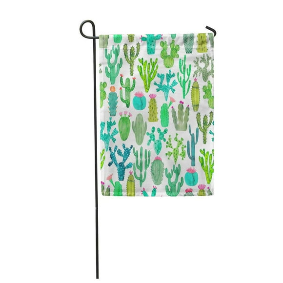 JSDART Green Drawing Watercolor Cactus Cacti White Blossom Botanical Collection Cute De Garden Flag Decorative Flag House Banner 12x18 inch