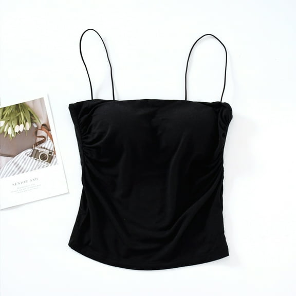 LYEAA Tank Top Built in Bras for Women Spaghetti Strap Fitted Summer Casual Crop Sling Tube Tops Solid Sleeveless Breathable Fashion Ladies Pullover Shirts Black S