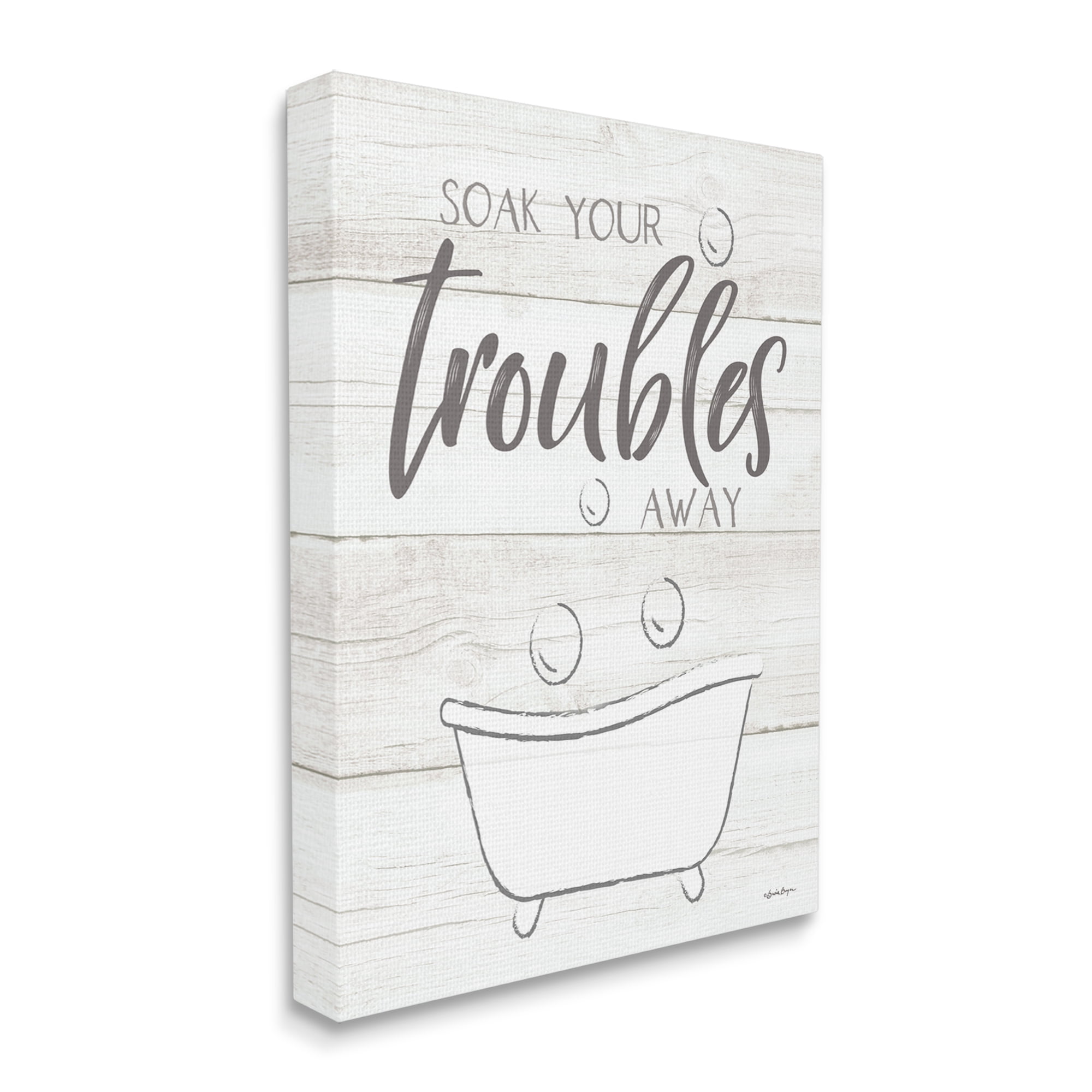 Stupell Industries Soak Your Troubles Away Bathroom Quote Grain Design Graphic Art Gallery-Wrapped Canvas Print Wall Art, 24x30, by Susie Boyer