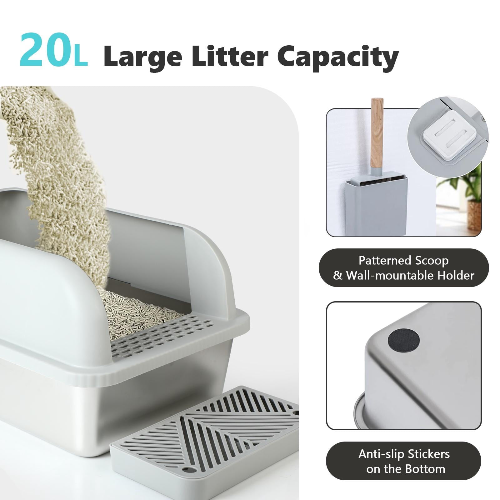 Fylica Stainless Metal Cat Litter Box, XL Extra Large Cat Litter Box, Open Top High Sided Litter Box for Multiple Cats, Anti-Leakage, Easy Cleaning, a Scoop, Scoop Holder, Step Included