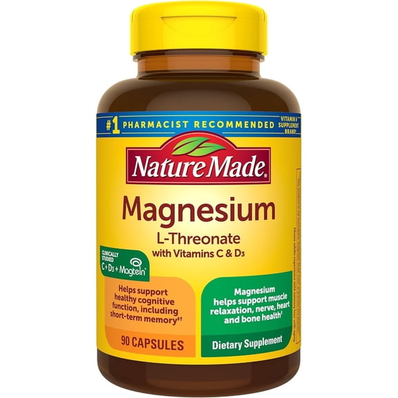 Nature Made Magnesium L-Threonate with Vitamin C & Vitamin D3, Provides 130 mg of Magnesium from 1800 mg Magnesium L Threonate, Cognitive Support Magnesium Supplement, 90 Capsules, 30 Day Supply