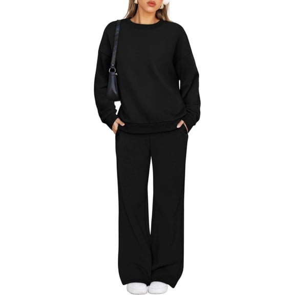 Kixjoy 2 Piece Sets for Women Oversized Wide Leg Pant 2 Piece Long Sleeve Athletic Casual Sweatsuits Basic Thermal Fall Loungewear Sets Woman, Black XXL