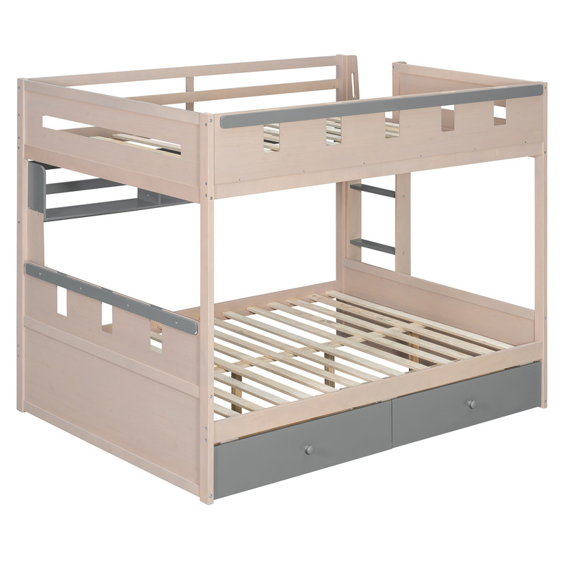 Full Size Castle-Designed Kids's Bunk Bed with Built-in Ladder & LED Strip, Storage Wooden Bed Frame with 2 Drawers & Shelves