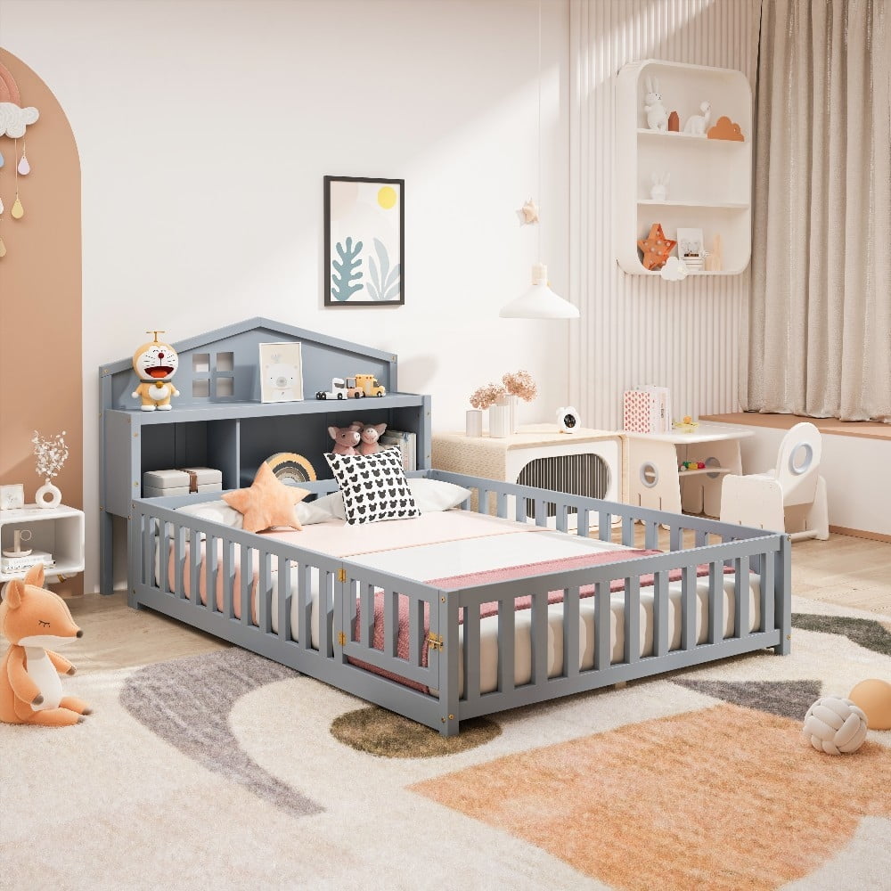 Full-size Montessori Floor Bed - Storage & Fun | Grey