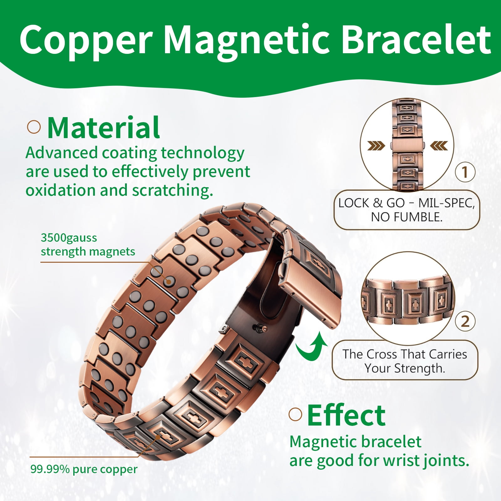Wollet  3X  Copper Magnetic Bracelet for Men, Gifts for Husband, 8.7 in, Come with Sizing Tool