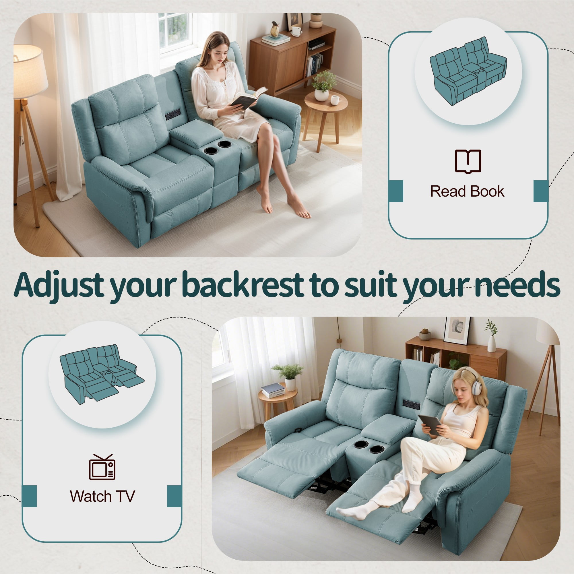 Korser 2-Seater Loveseat Recliner, Reclining Sofa with USB Ports, Cup Holders for Home Theater,Blue