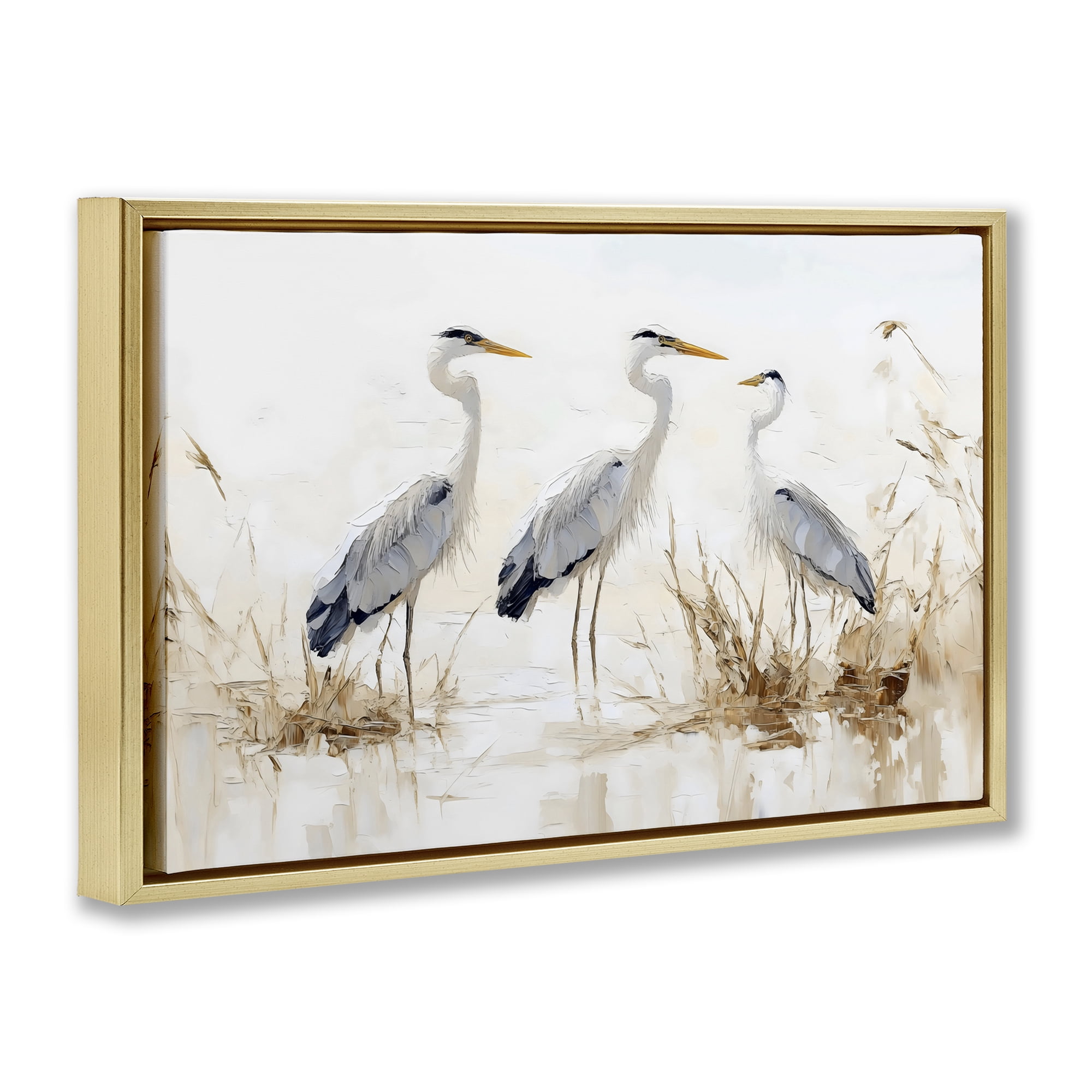 Stupell Industries Neutral Blue Herons in Reeds Gold Framed Floater Canvas Wall Art, design by LSR Design Studio