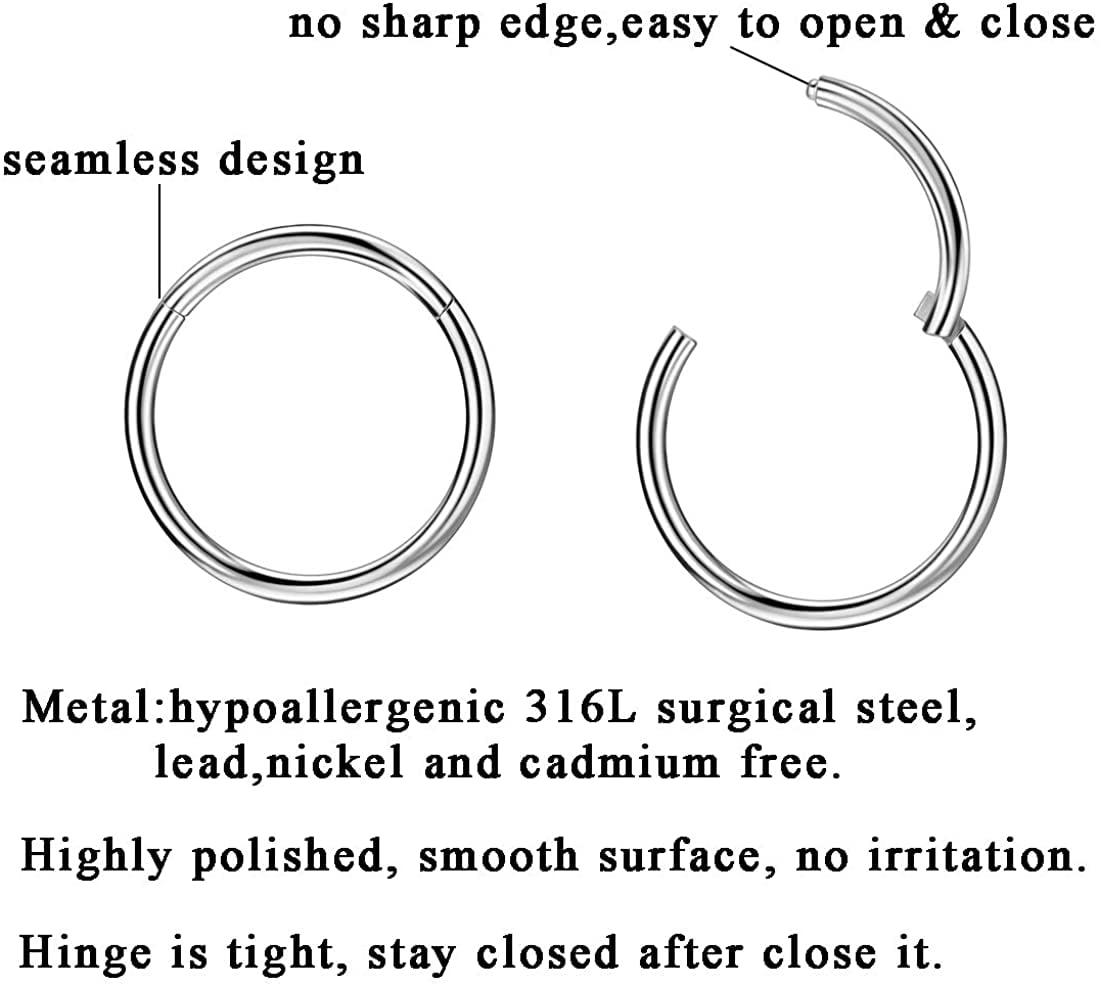 316L Surgical Steel Nose Rings Septum Clicker 20g-18g-16g-14g 5mm-6mm-7mm-8mm-9mm-10mm-11mm-12mm-14mm-16mm Body Jewelry Lip Ear Piercing Earrings for Cartilage Helix Tragus Conch Rook Daith Lobe 