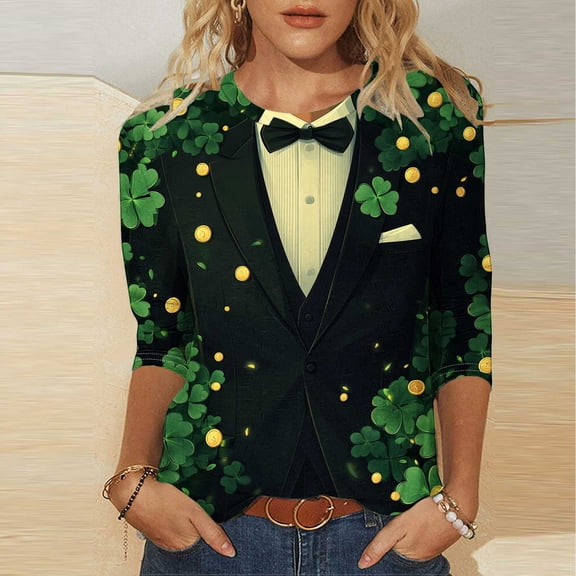 Ounisa Women 3/4 Sleeve St. Patrick's Day T-Shirts Crew Neck Spring Graphic Tee Tops Clothes