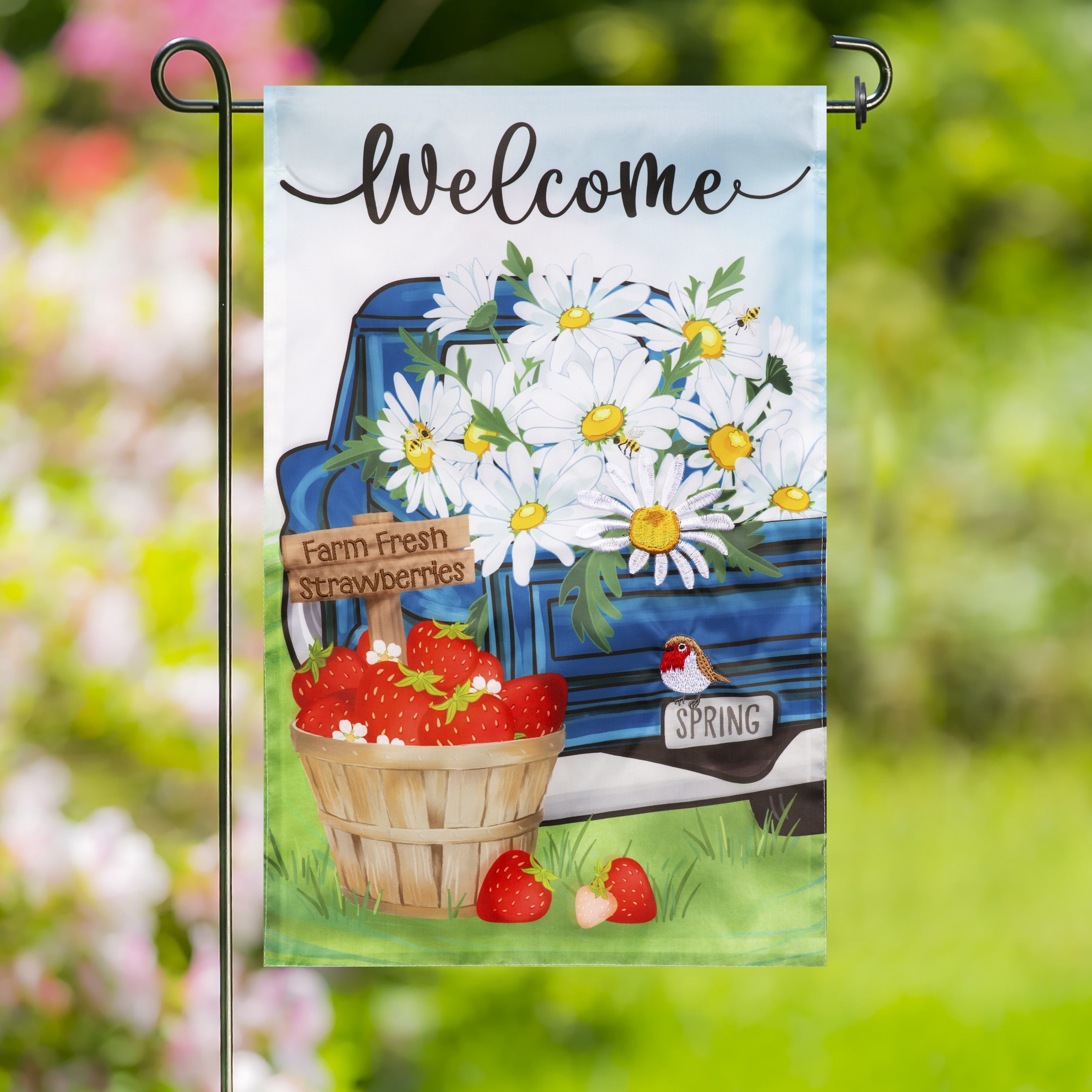 Meadow Creek 11.5" x 18" White Daisy Strawberry Blue Truck Outdoor Yard Flag