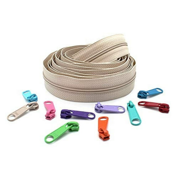 Zipper by The Yard - Ykk #4.5 Nylon Coil Zippers Chain Beige 5-Yards of Make Your Own Zipper and 10 Multicolored Pulls in Soft Vinyl