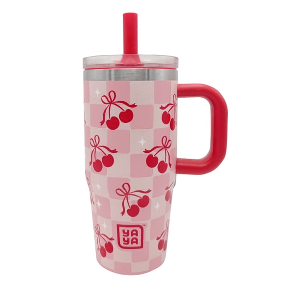 YAYA My First Travel Tumbler for Preschool & Kids 3 , Insulated Stainless Steel Tumbler with Reusable Silicone Straw & Spill-Proof Lid, Cup Holder Compatible, BPA-Free, 12oz, Checkered Cherry