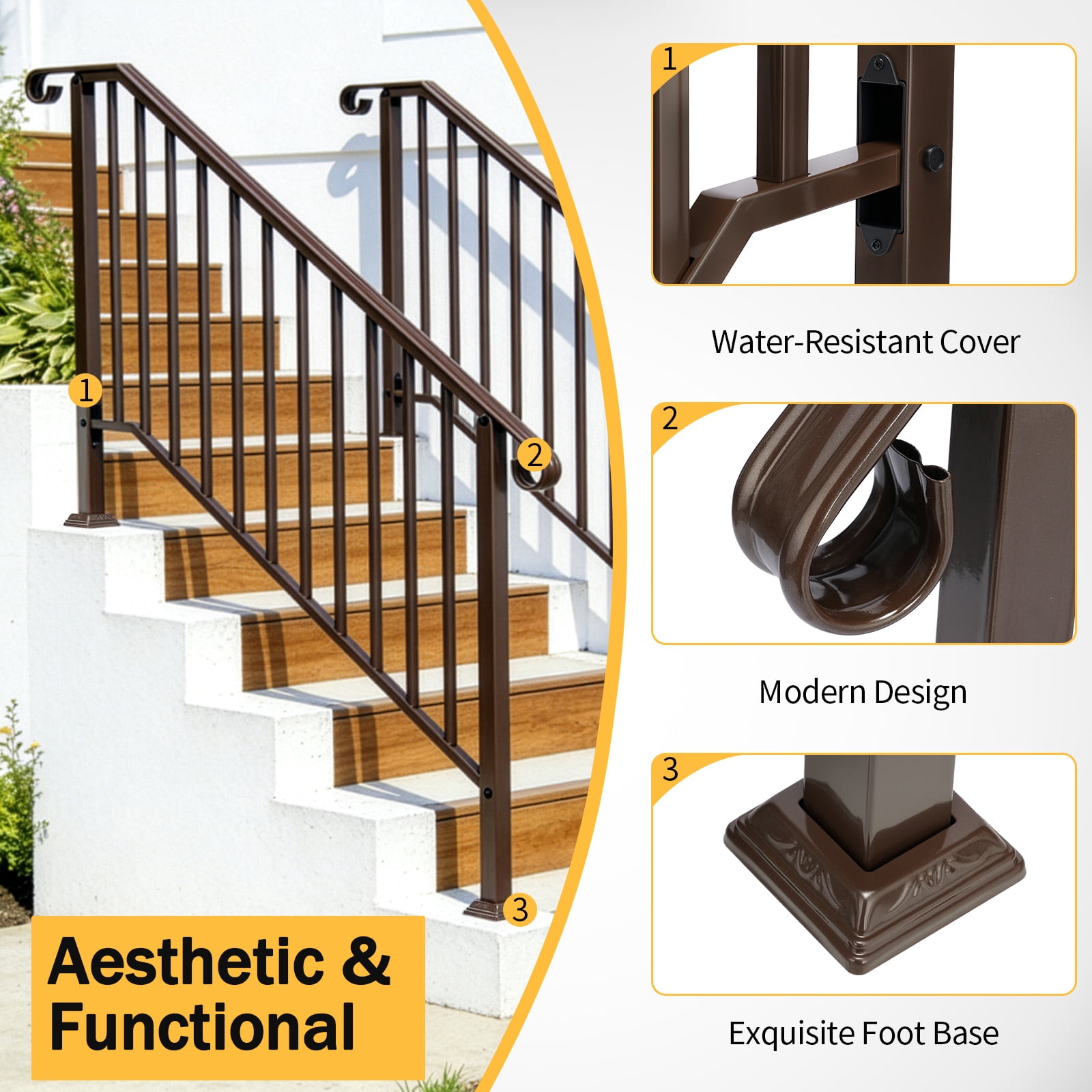 Copper Galvanized Iron Stair Handrail Curved Step Railing Fit 4-5 Steps Outdoor Garden Steps Non-Rust Powder Coated Safety Picket Rail With Installation Hardware
