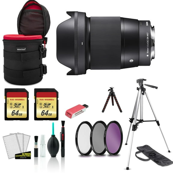Sigma 16mm Contemporary Lens f/1.4 DC DN for Sony E 402965 with 2x 64GB Memory Card   Tripod   More