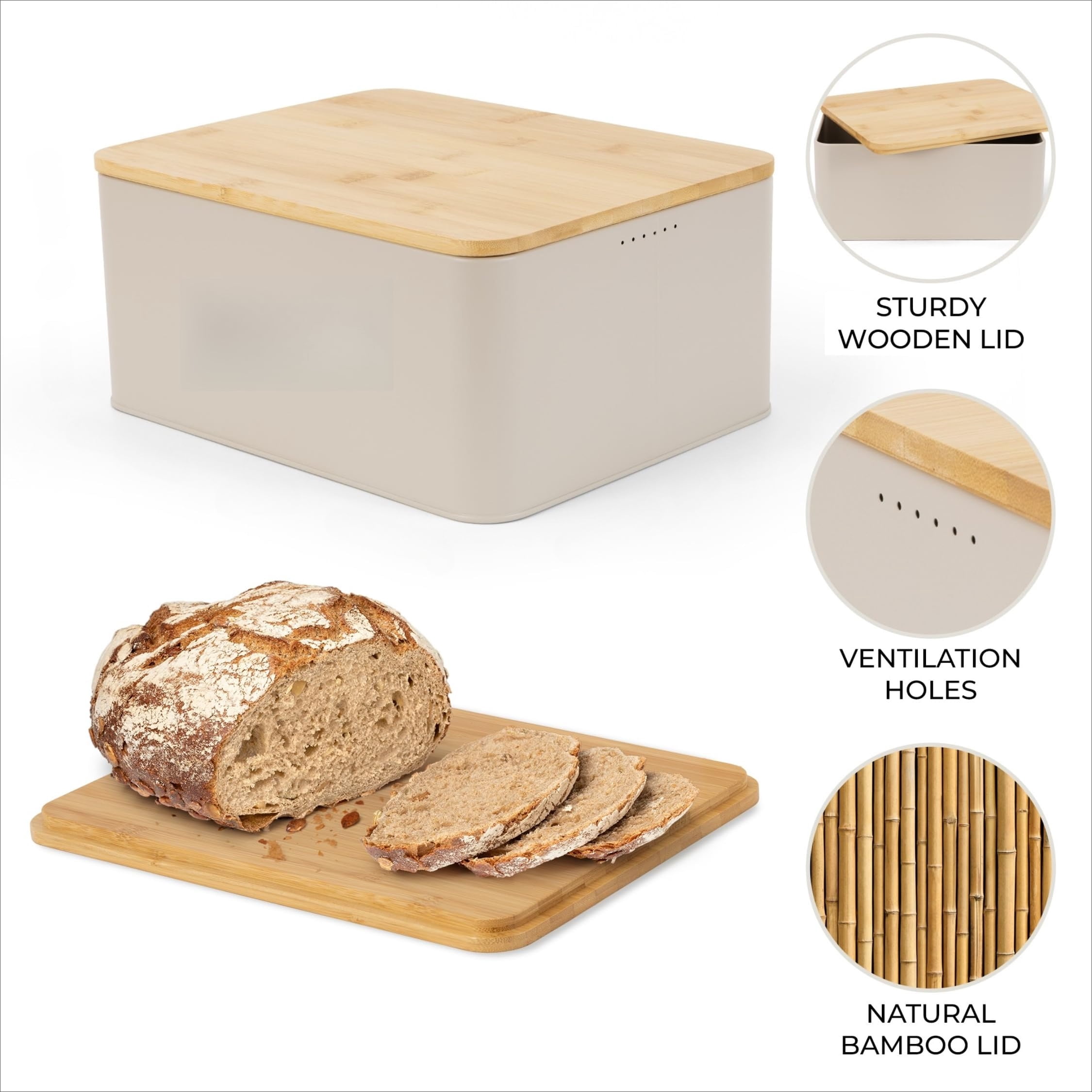 Exquisite handcrafted wooden-lid bread box – the spacious container is perfect for storing homemade bread, English muffins and bagels – the premium cutting board lid keeps the bread fresh.