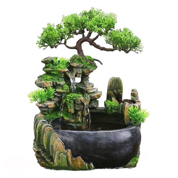 Multicolor Creative Desktop Water Fountain Decor, Synthetic Resin Office Bonsai with LED Light, Mystical Fogger, Waterfall Flowing Soothing Sound for Relaxation, Stress Comfort, Meditation