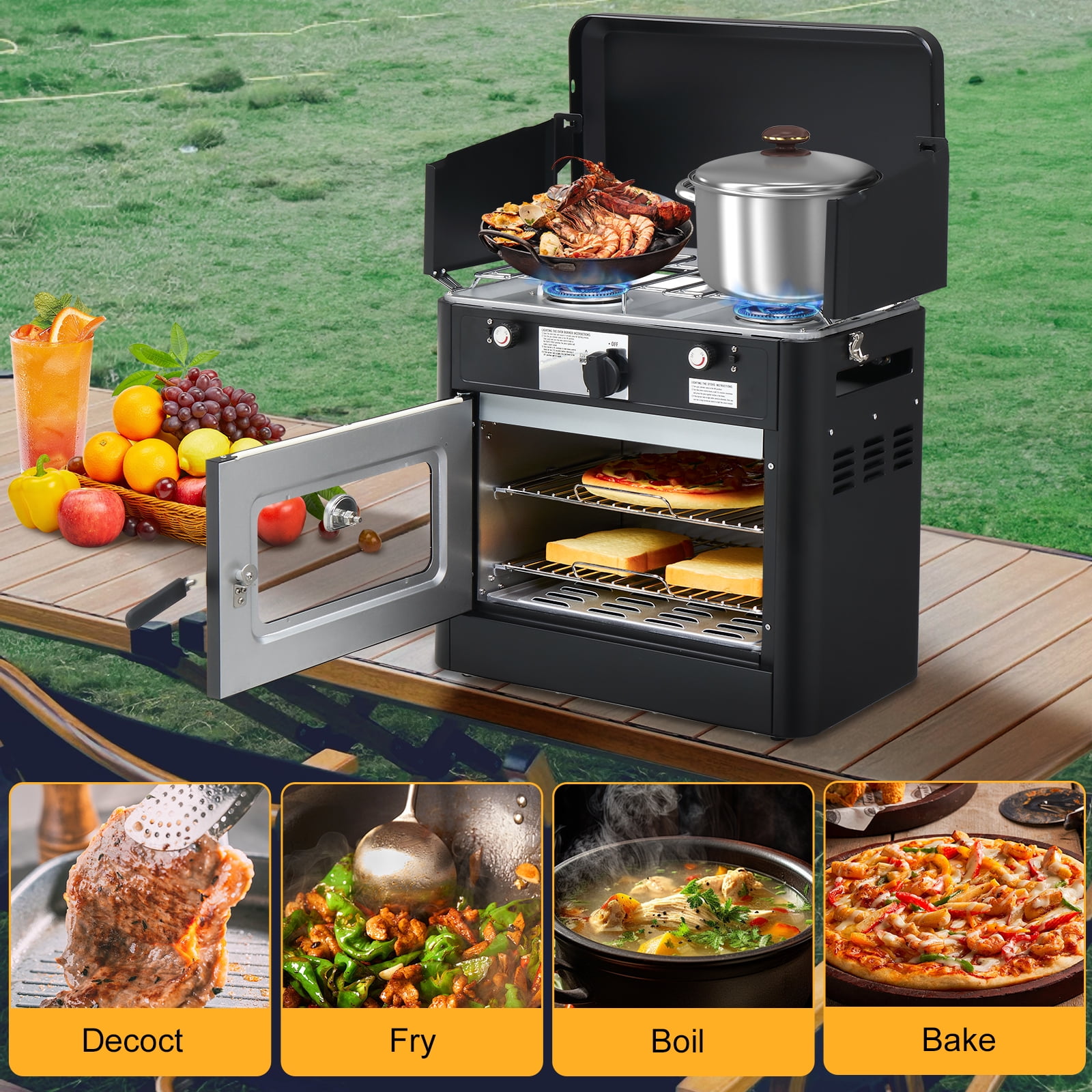 Zintown 2-in-1 Gas Burner & Oven Propane Stove Camping Portable Oven 2 Burner w/ Windpanel