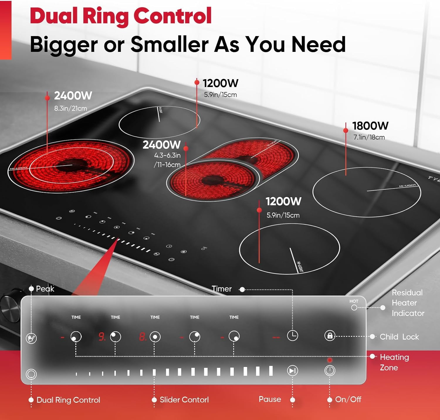 9000W 30 inch Electric Cooktop 5 Burners, Countertop & Built 9000W 30 inch Electric Cooktop 5 Burners, Countertop & Built