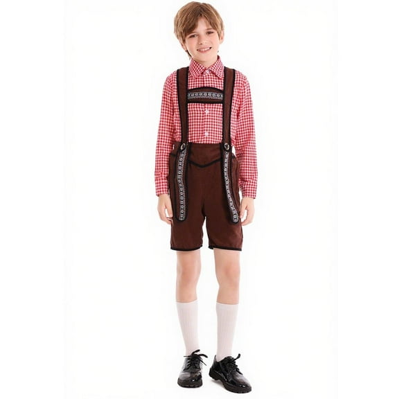 TEAJOPSUU Kids Boys Oktoberfest Outfits German Bavarian Lederhosen Shorts Long Sleeve Plaid Shirt and Suspender Shorts Beer Festival Outfit Red