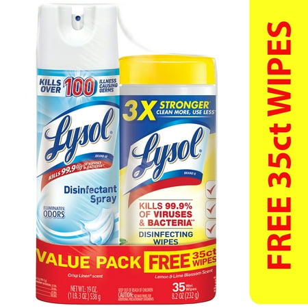 - Lysol Disinfectant Spray, Crisp Linen 19oz + Disinfecting Wipes, Lemon 35ct