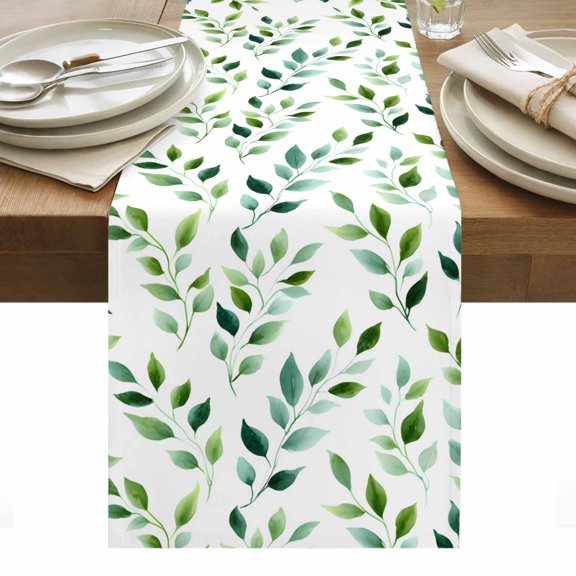 Green Leaves Table Runner - 60 Inch Long, Kitchen Dining Table Runner Dresser Scarves, Botanical Spring Country Watercolor Farmhouse Decor for Coffee Tables Wedding Party Banquet
