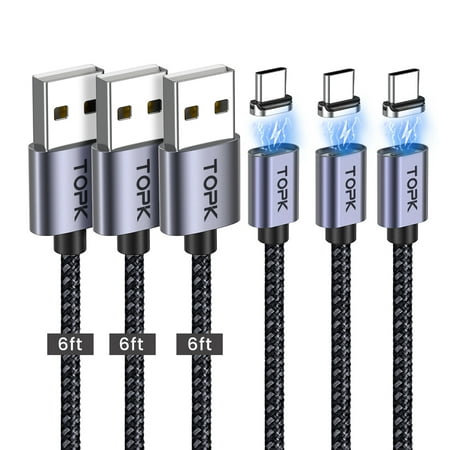TOPK 6 ft 3 Pack USB C Magnetic Charging Cable for Samsung Huawei Mobile Phone Type C Fast Charging Cord