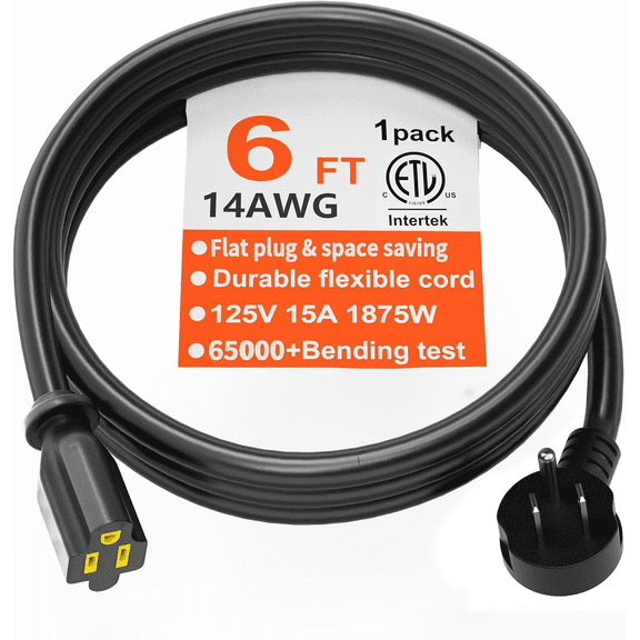 14 Gauge 6 FT Black Flat Plug Extension Cord, Indoor