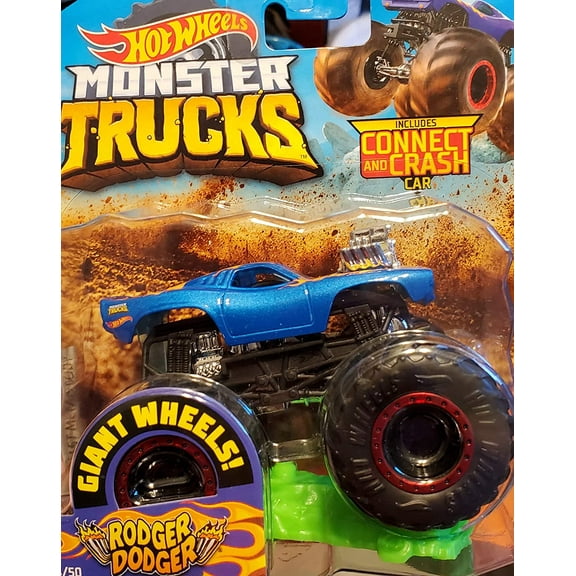 Hot Wheels Monster Jam 1:64 Scale Rodger Dodger Blue Giant Wheels Includes Connect and Crash Car 34/50