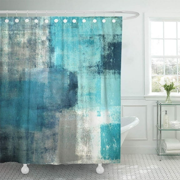 Libin Teal Gray Contemporary Turquoise and Grey Abstract Painting White Shower Curtain 66x72 inch