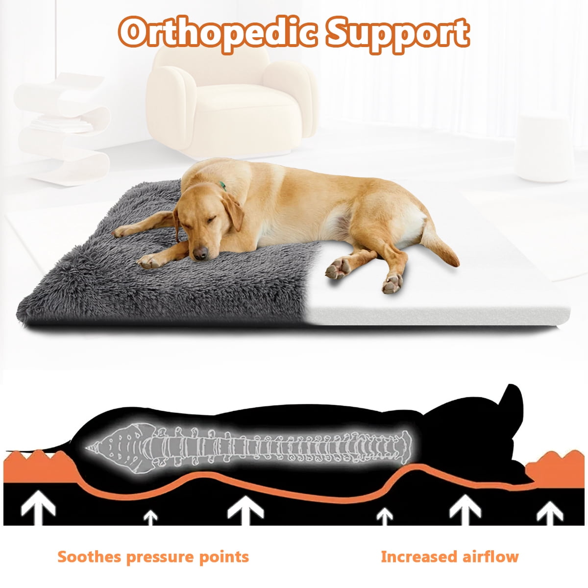 CshidWorld Large Dog Bed, Plush Fluffy Dog Cage Bed up to 65lb, Orthopedic Dog Bed Washable Dog Mat with Non Slip Bottom for Large and Medium Dogs, Soft Plush Dog Crate Bed , 36"x27", Gray