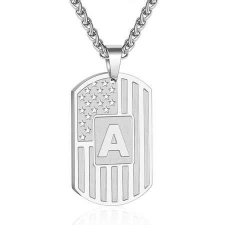 APSVO Silver Initial Necklaces for Men Boys Stainless Steel American Flag Dog Tag Letter A Pendent Chain Birthday Graduation Fathers Day Jewelry Gifts Teen Him Dad Husband Adult Son Kids Age Ideas