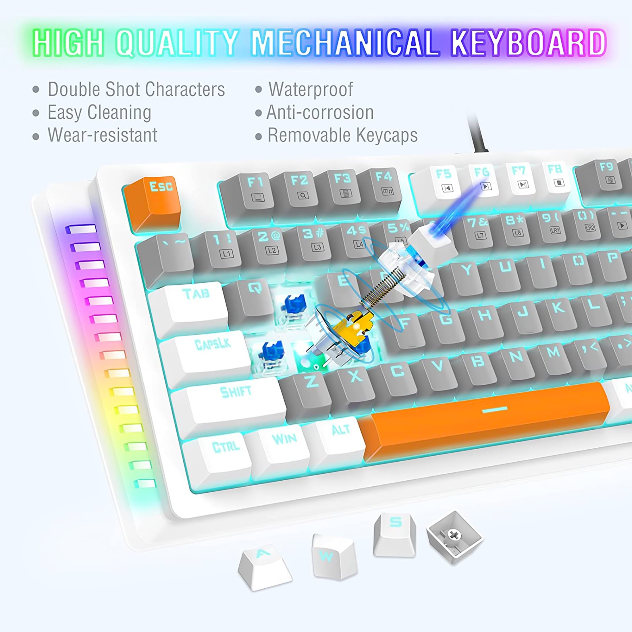 Mechanical Gaming Keyboard, E-YOOSO Wired 75% Mechanical Keyboard with Blue Switches, 87 Keys Gaming Keyboard with Solid Color Backlit & RGB LED Sidelight for Windows Mac PC Gaming