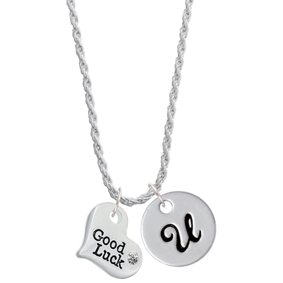 Delight Jewelry Silvertone Large Good Luck Heart Silvertone Script Initial Disc - U - Charm Necklace, 20"+3"