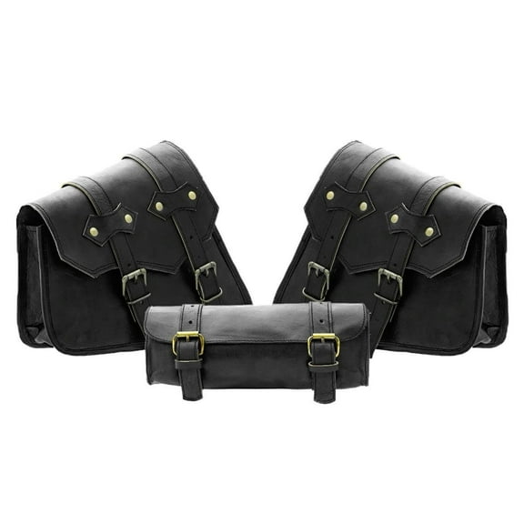 Premium Leather Saddle Bags Motorcycles - Durable and Spacious Motorcycle Saddlebags - Classic Design Saddle Bags for Secure Storage (3 Black Biker Set)