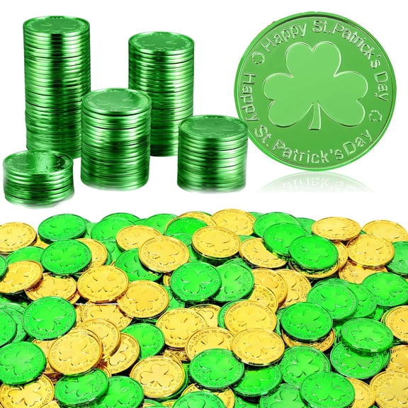 100 PCS St Patricks Day Decorations, 1.4 in Shamrock St Patricks Day Coins, Gold Green Lucky Coins Fake Coins Plastic Coins St Patricks Day Gold Coins, Shamrock Decoration St Patricks Day Party Favor