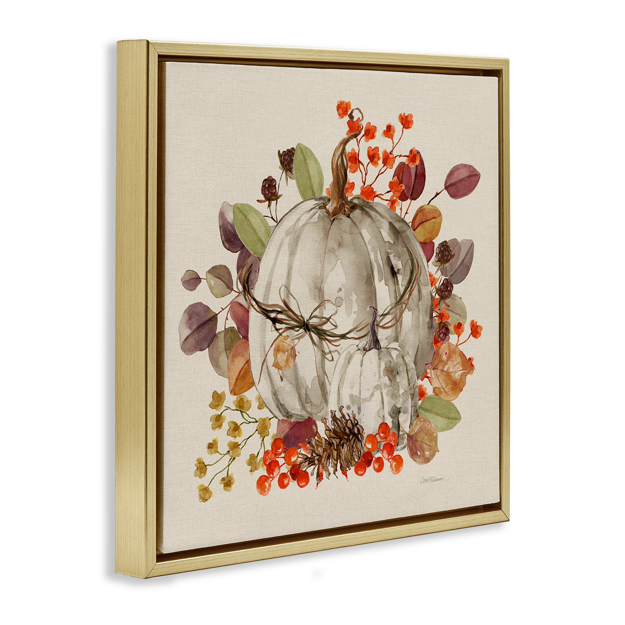 Stupell Industries Autumnal Pumpkin Herbs Botanical & Floral Painting Gold Floater Framed Canvas Art Prints Wall Art, 18 x 18