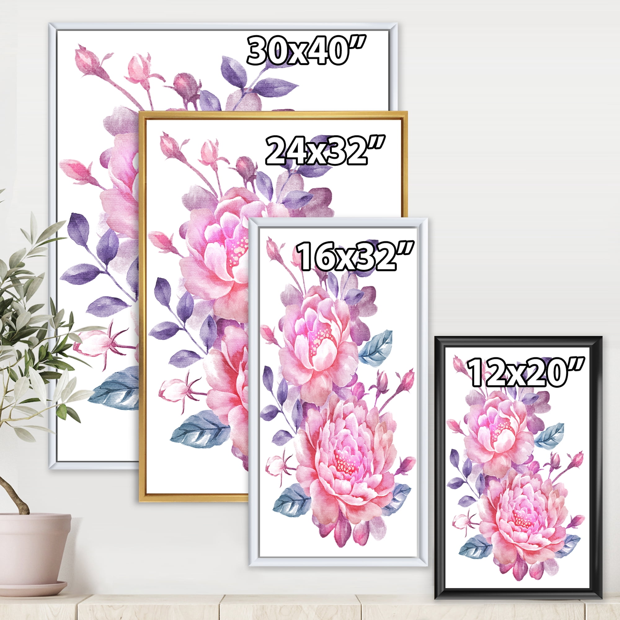 Designart 'Pink Retro Flowers With Blue Leaves On White' Traditional Framed Canvas Wall Art Print