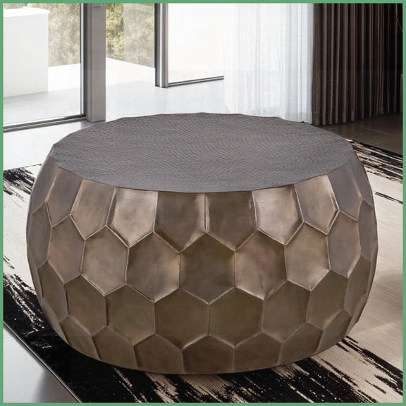 32” Round Hand-Hammered Coffee Table with Gold Base, No Assembly & Easy to Clean