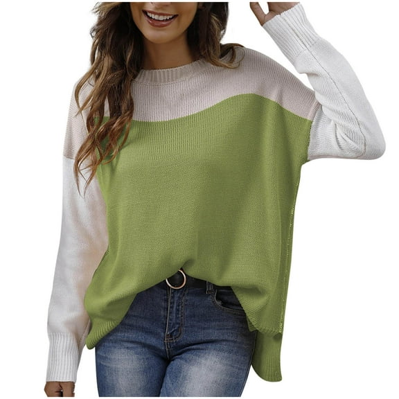 XPMWRP Women's Casual Round Neck Color Block Fashion Sweater Side Split Hem Long Sleeve Loose Ribbed Blouse Tunic Tops Knit Sweater Green L