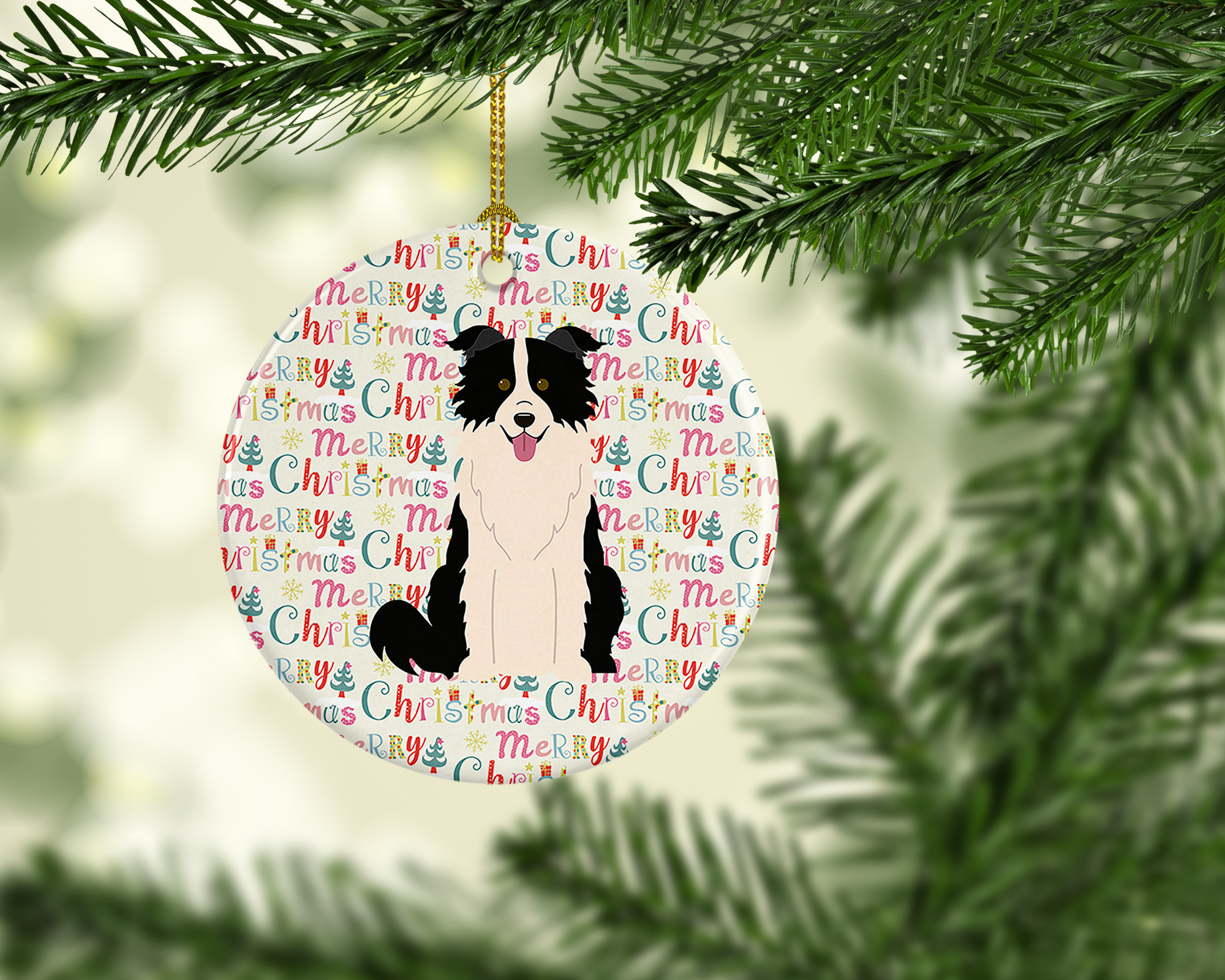 Merry Christmas Border Collie Black White Ceramic Ornament 2.8 in x 2.8 in