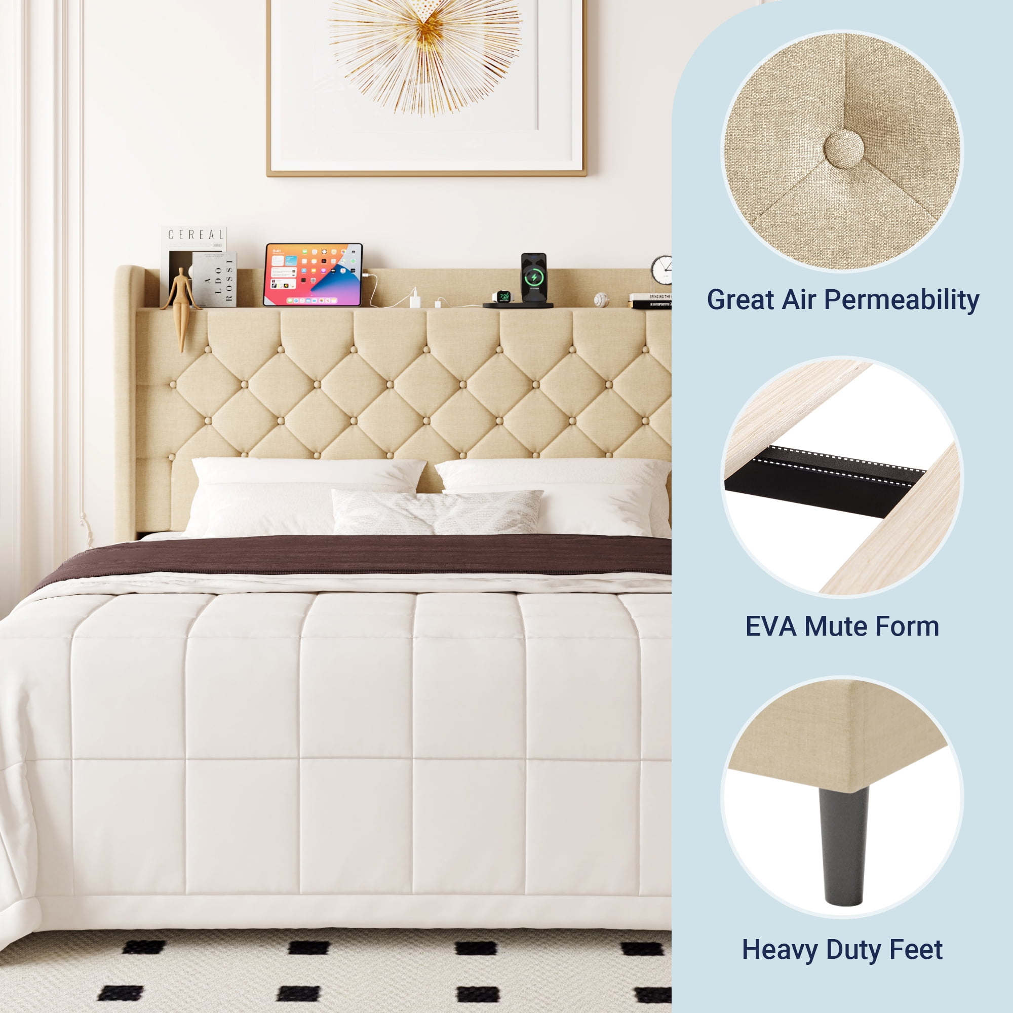 Allewie Full Size Bed Frame, Storage Headboard with Charging Station, Wingback Velvet Upholstered, Diamond Stitched Button Tufted, Sturdy Wooden Slats, No Box Spring Needed, Easy Assembly, Beige