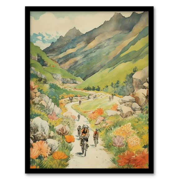 The Bike Ride Through The Alps Watercolour Painting Alpine Bikers On Scenic Mountain Trail Art Print Framed Poster Wall Decor 12x16 inch