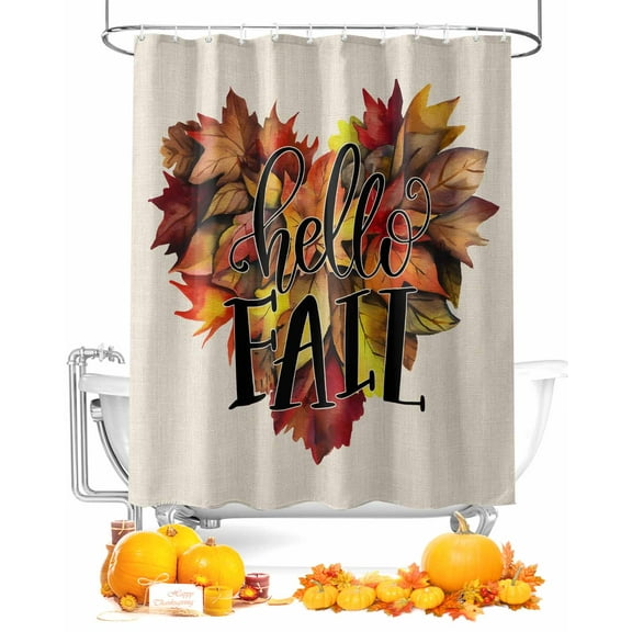 Fall Shower Curtain Maple Leaves Love Heart Bathroom Curtains with Hooks, Waterproof Fabric Hello Fall Linen Thanksgiving Bath Shower Curtains Set for Bathroom Bathtubs Decor 72x72 Inch